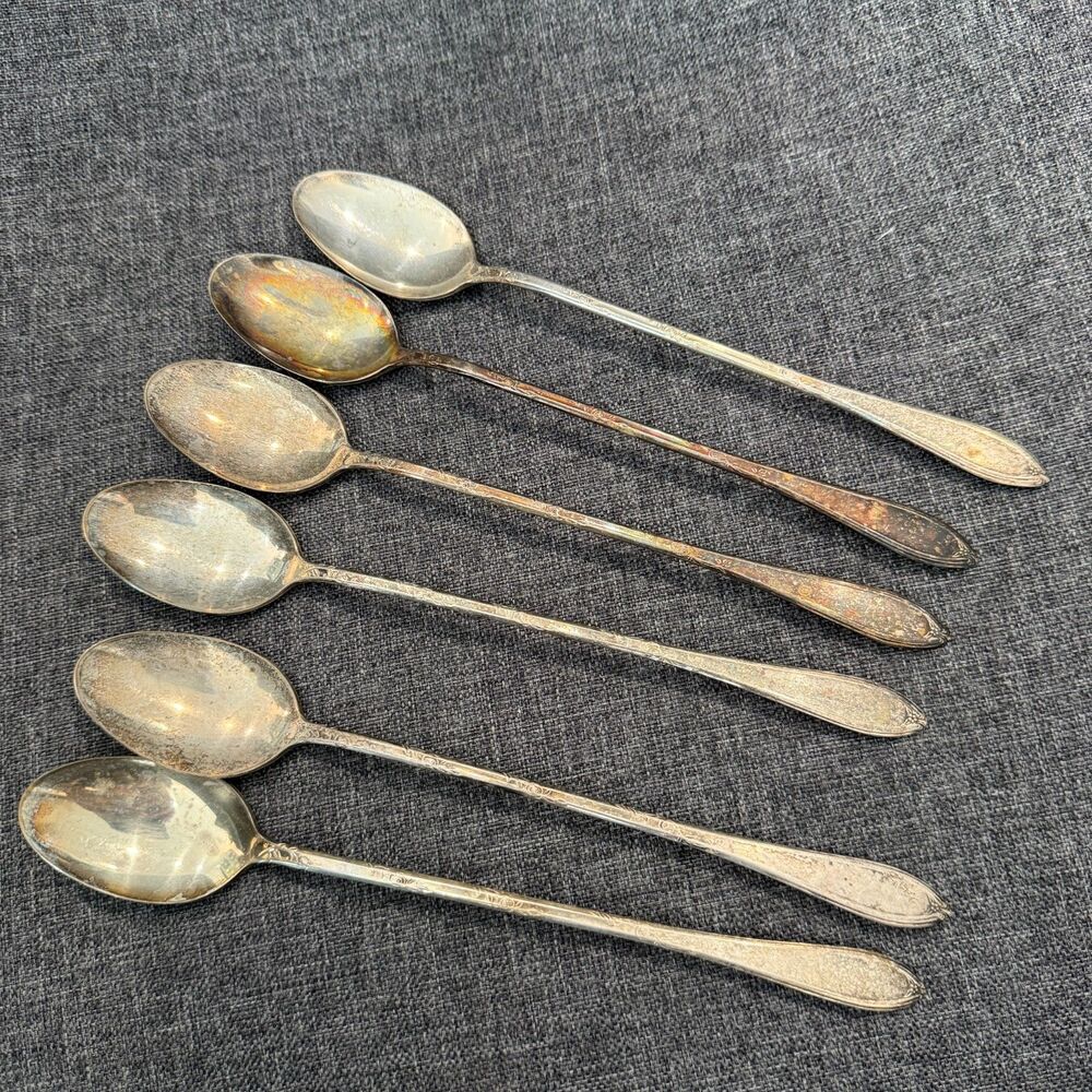 Vtg 6x New England Silver Plate Rosemary Long Iced Tea Spoons 8 1/4"